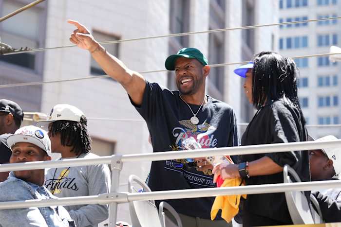 Jun 20, 2022; San Francisco, CA, USA; Golden State Warriors forward Andre Iguodala gestures during the Golden State Warriors championship parade in downtown San Francisco. Mandatory Credit: Darren Yamashita-USA TODAY Sports